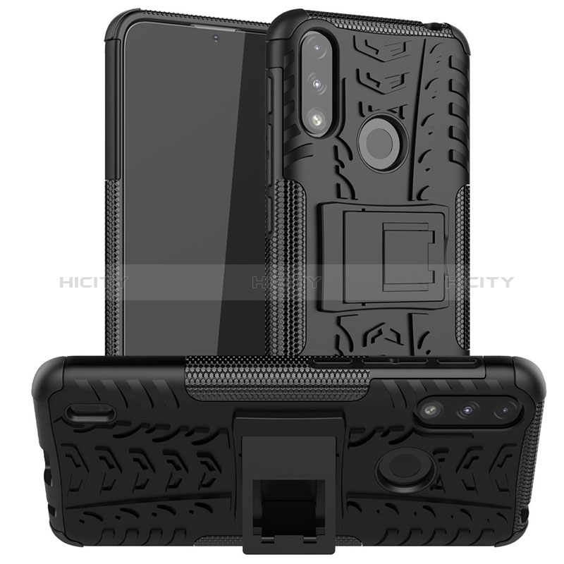 Silikon Hülle Handyhülle und Kunststoff Schutzhülle Hartschalen Tasche mit Ständer JX2 für Motorola Moto E7 Power Schwarz Plus