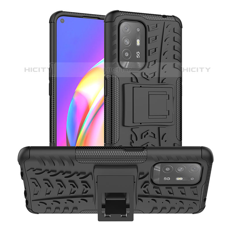 Silikon Hülle Handyhülle und Kunststoff Schutzhülle Hartschalen Tasche mit Ständer JX2 für Oppo F19 Pro+ Plus 5G Schwarz