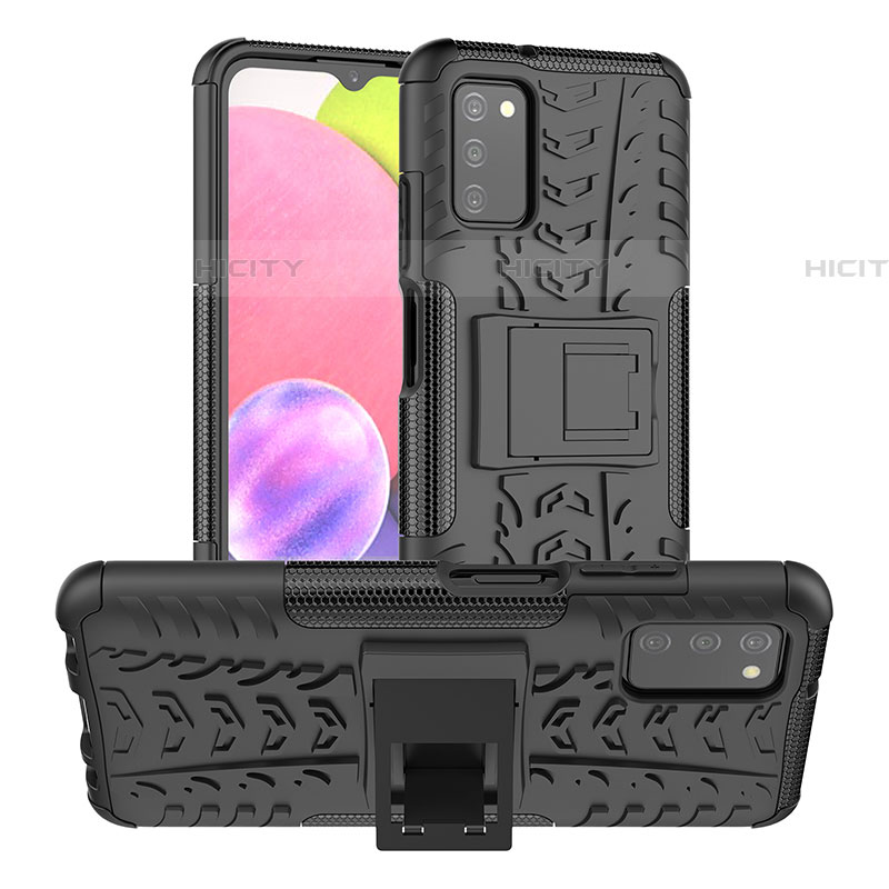 Silikon Hülle Handyhülle und Kunststoff Schutzhülle Hartschalen Tasche mit Ständer JX2 für Samsung Galaxy A03s Schwarz