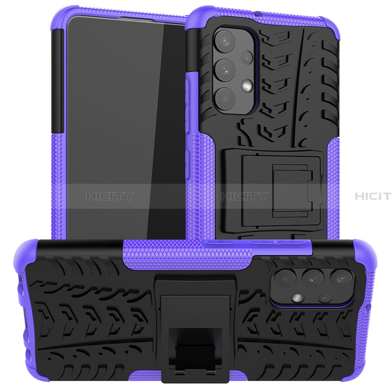Silikon Hülle Handyhülle und Kunststoff Schutzhülle Hartschalen Tasche mit Ständer JX2 für Samsung Galaxy A32 5G Violett