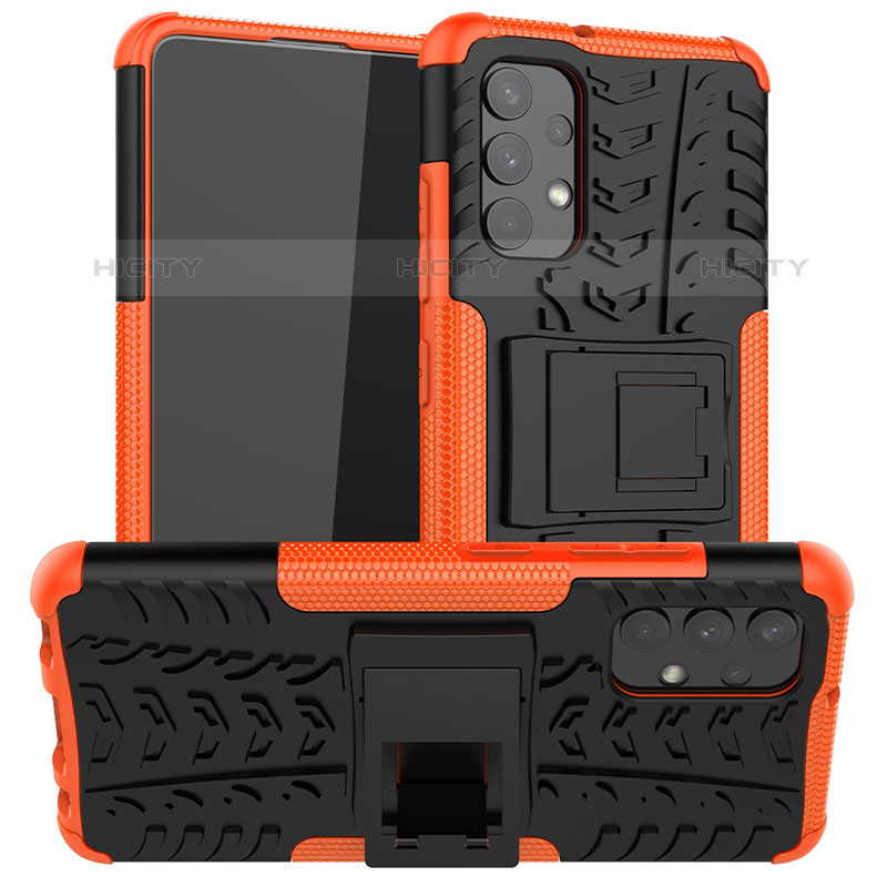 Silikon Hülle Handyhülle und Kunststoff Schutzhülle Hartschalen Tasche mit Ständer JX2 für Samsung Galaxy M32 5G Orange Plus