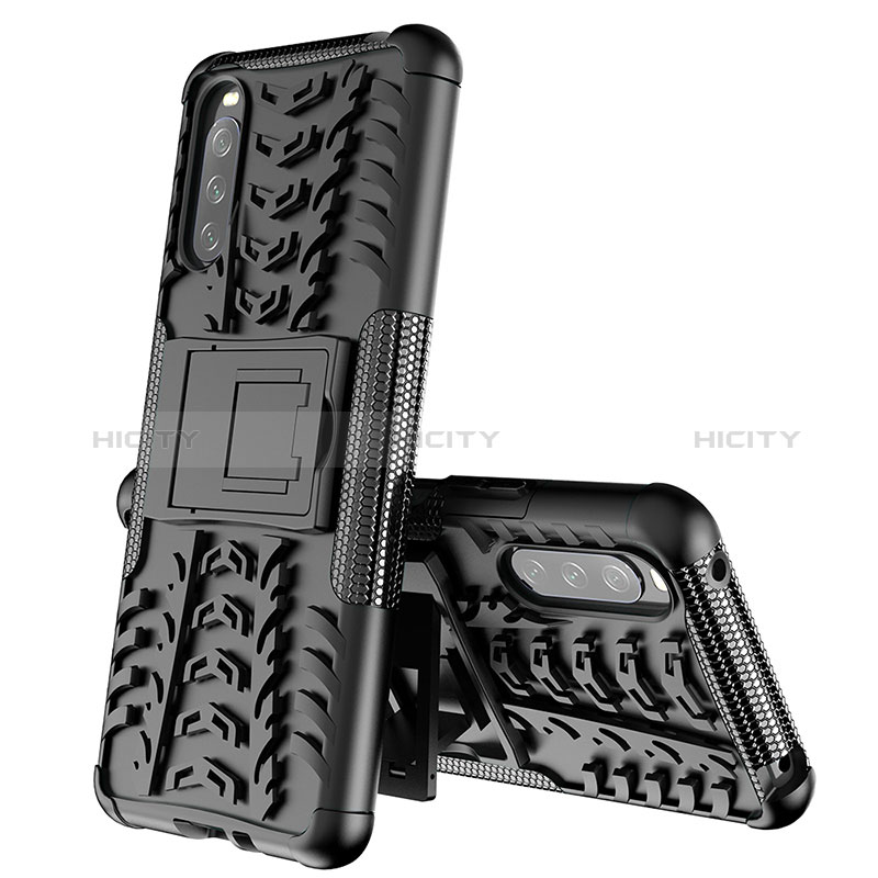 Silikon Hülle Handyhülle und Kunststoff Schutzhülle Hartschalen Tasche mit Ständer JX2 für Sony Xperia 10 III SOG04 Schwarz