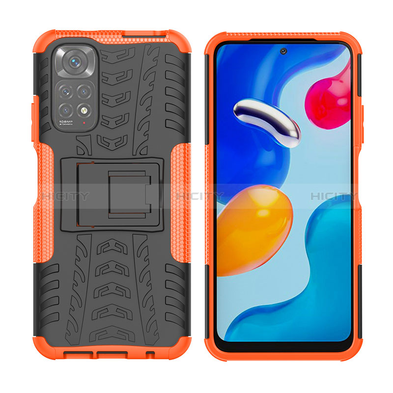 Silikon Hülle Handyhülle und Kunststoff Schutzhülle Hartschalen Tasche mit Ständer JX2 für Xiaomi Redmi Note 11 4G (2022) Orange