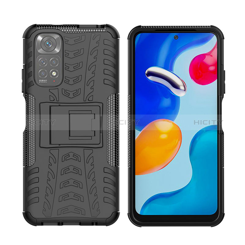 Silikon Hülle Handyhülle und Kunststoff Schutzhülle Hartschalen Tasche mit Ständer JX2 für Xiaomi Redmi Note 11S 4G Schwarz