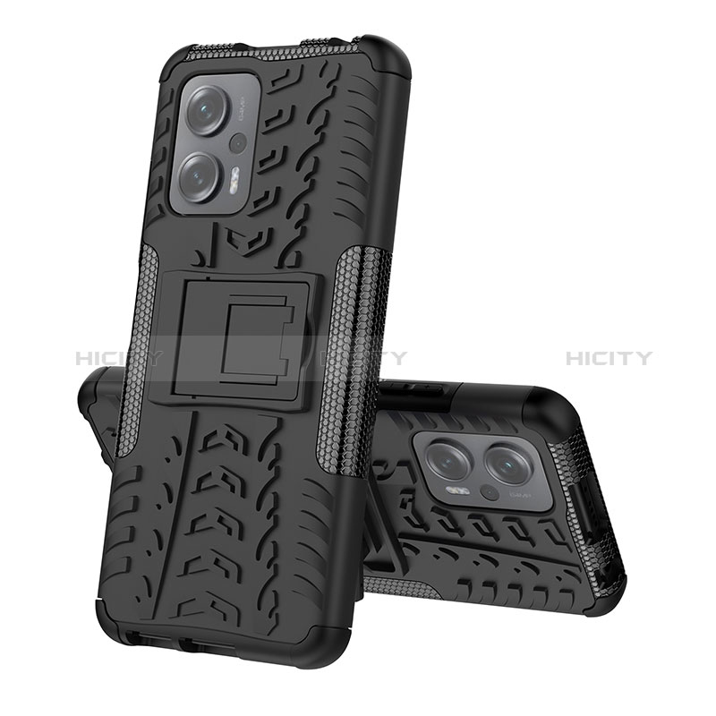 Silikon Hülle Handyhülle und Kunststoff Schutzhülle Hartschalen Tasche mit Ständer JX2 für Xiaomi Redmi Note 11T Pro 5G Schwarz