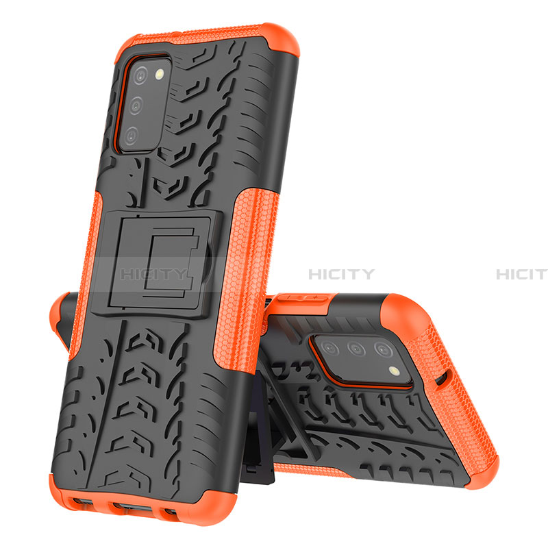 Silikon Hülle Handyhülle und Kunststoff Schutzhülle Hartschalen Tasche mit Ständer JX4 für Samsung Galaxy F02S SM-E025F Orange
