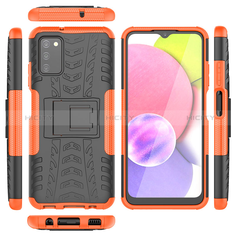 Silikon Hülle Handyhülle und Kunststoff Schutzhülle Hartschalen Tasche mit Ständer JX5 für Samsung Galaxy A02s Orange