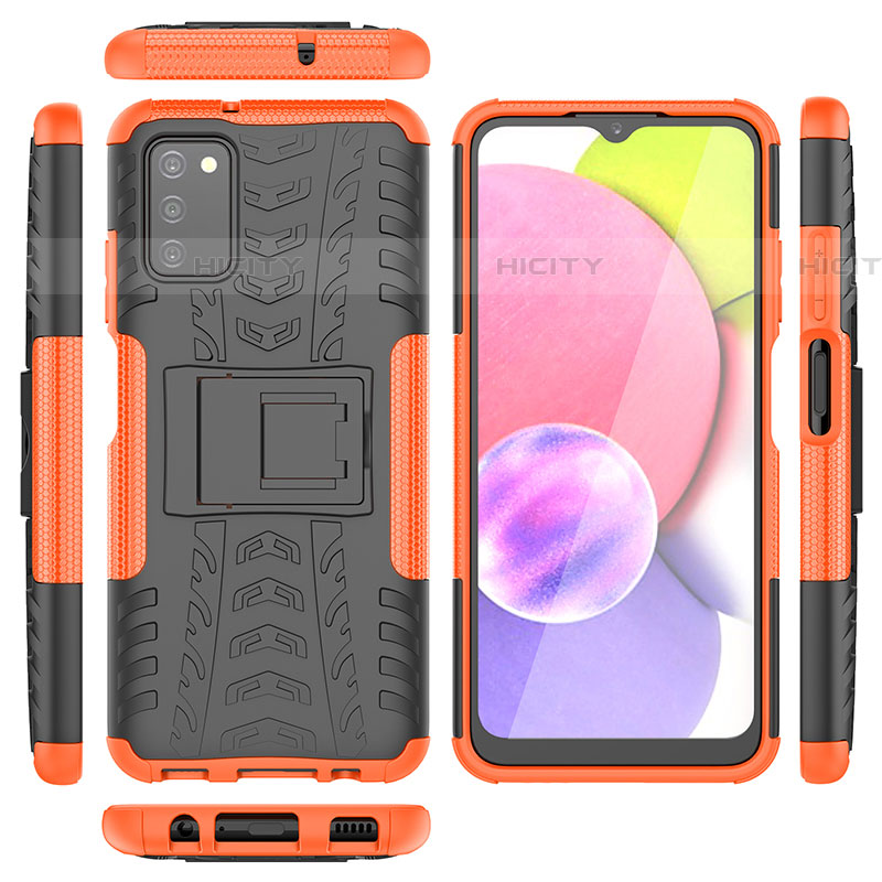 Silikon Hülle Handyhülle und Kunststoff Schutzhülle Hartschalen Tasche mit Ständer JX5 für Samsung Galaxy A03s Orange