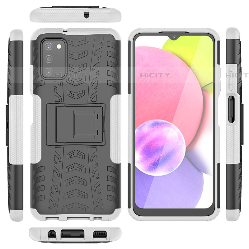 Silikon Hülle Handyhülle und Kunststoff Schutzhülle Hartschalen Tasche mit Ständer JX5 für Samsung Galaxy A03s Silber Plus