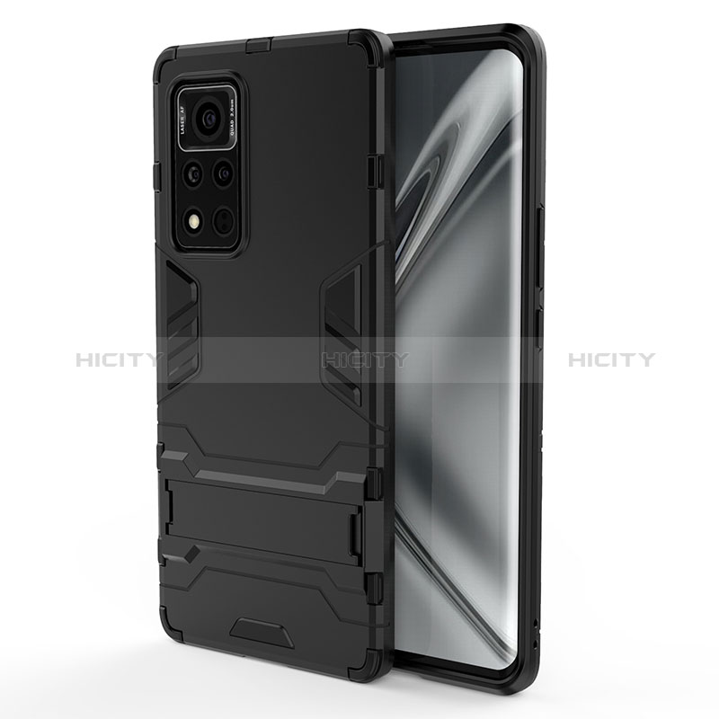 Silikon Hülle Handyhülle und Kunststoff Schutzhülle Hartschalen Tasche mit Ständer KC1 für Huawei Honor V40 5G Schwarz