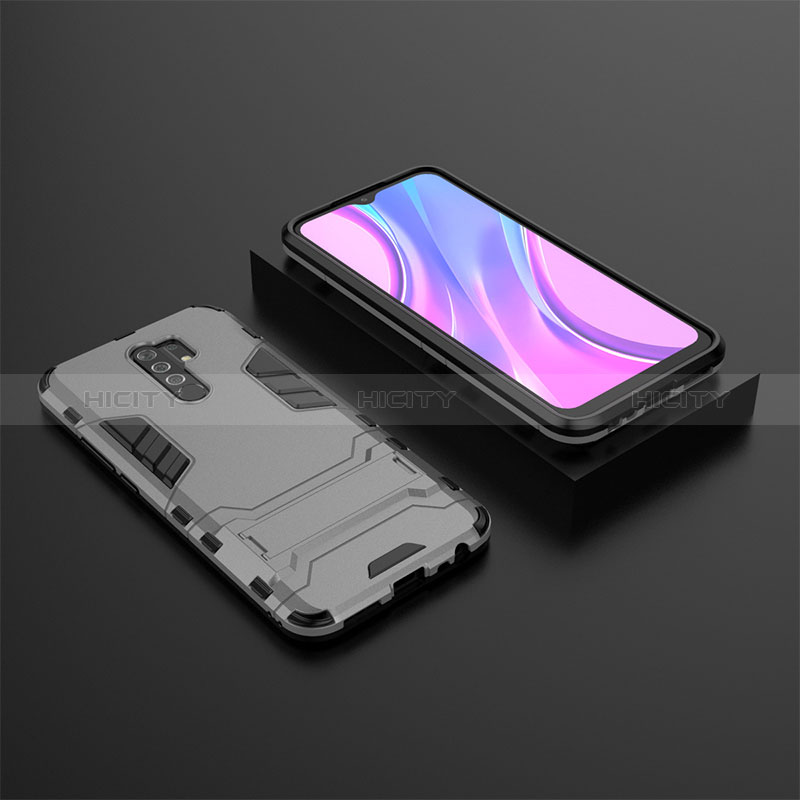 Silikon Hülle Handyhülle und Kunststoff Schutzhülle Hartschalen Tasche mit Ständer KC1 für Xiaomi Redmi 9 Prime India Grau