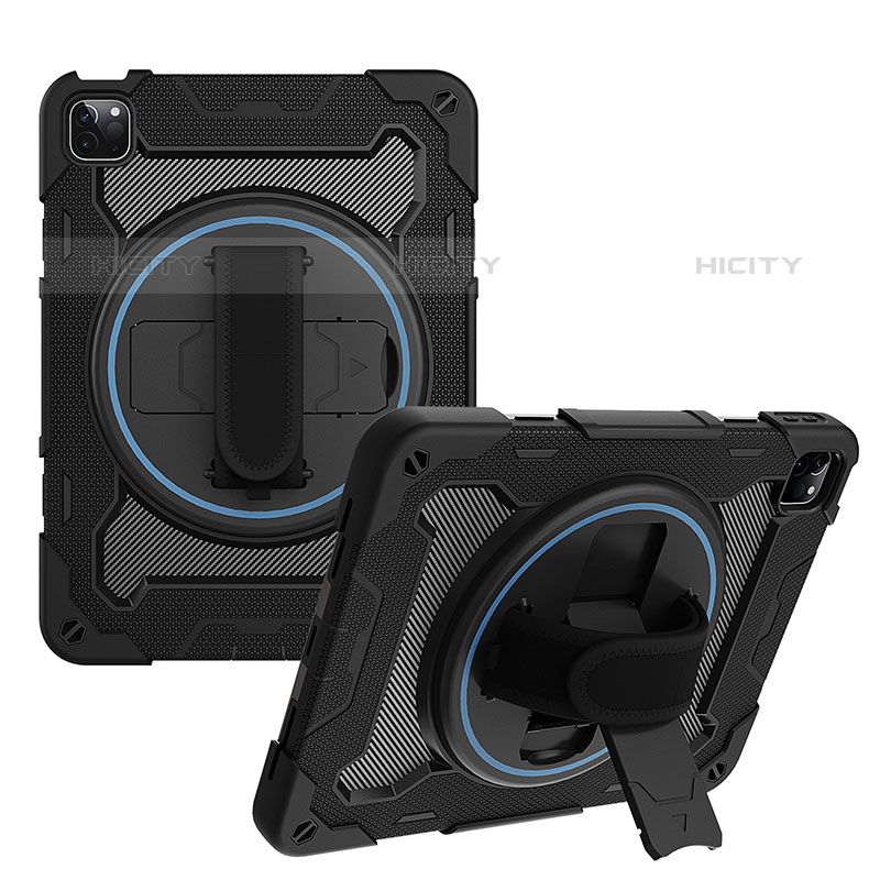 Silikon Hülle Handyhülle und Kunststoff Schutzhülle Hartschalen Tasche mit Ständer L02 für Apple iPad Pro 11 (2021) Schwarz Plus