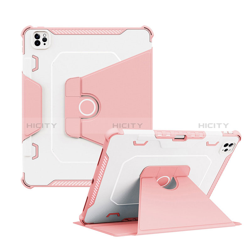 Silikon Hülle Handyhülle und Kunststoff Schutzhülle Hartschalen Tasche mit Ständer L04 für Apple iPad Pro 12.9 (2021) Rosa Plus