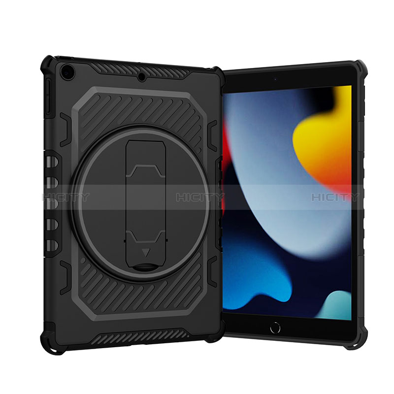 Silikon Hülle Handyhülle und Kunststoff Schutzhülle Hartschalen Tasche mit Ständer L09 für Apple iPad 10.2 (2019) Schwarz Plus