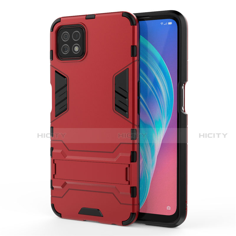 Silikon Hülle Handyhülle und Kunststoff Schutzhülle Hartschalen Tasche mit Ständer M01 für Oppo A72 5G Rot