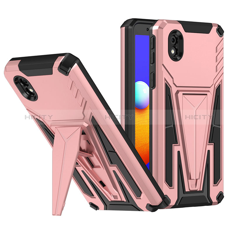 Silikon Hülle Handyhülle und Kunststoff Schutzhülle Hartschalen Tasche mit Ständer MQ1 für Samsung Galaxy A01 Core Rosegold Plus