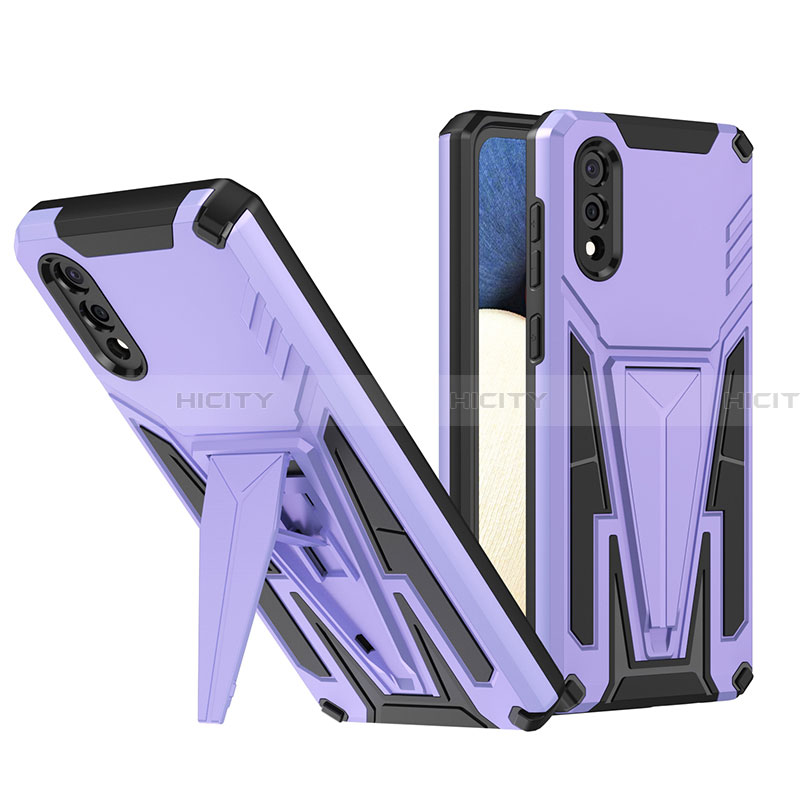 Silikon Hülle Handyhülle und Kunststoff Schutzhülle Hartschalen Tasche mit Ständer MQ1 für Samsung Galaxy A02 Violett