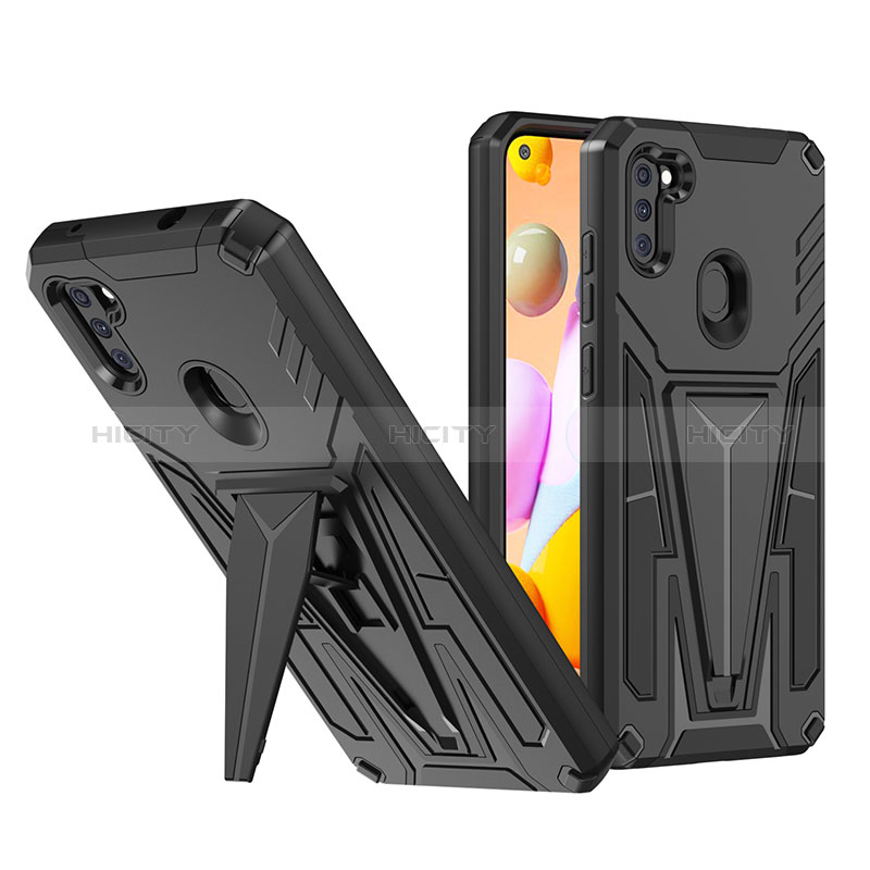 Silikon Hülle Handyhülle und Kunststoff Schutzhülle Hartschalen Tasche mit Ständer MQ1 für Samsung Galaxy A11 Schwarz Plus