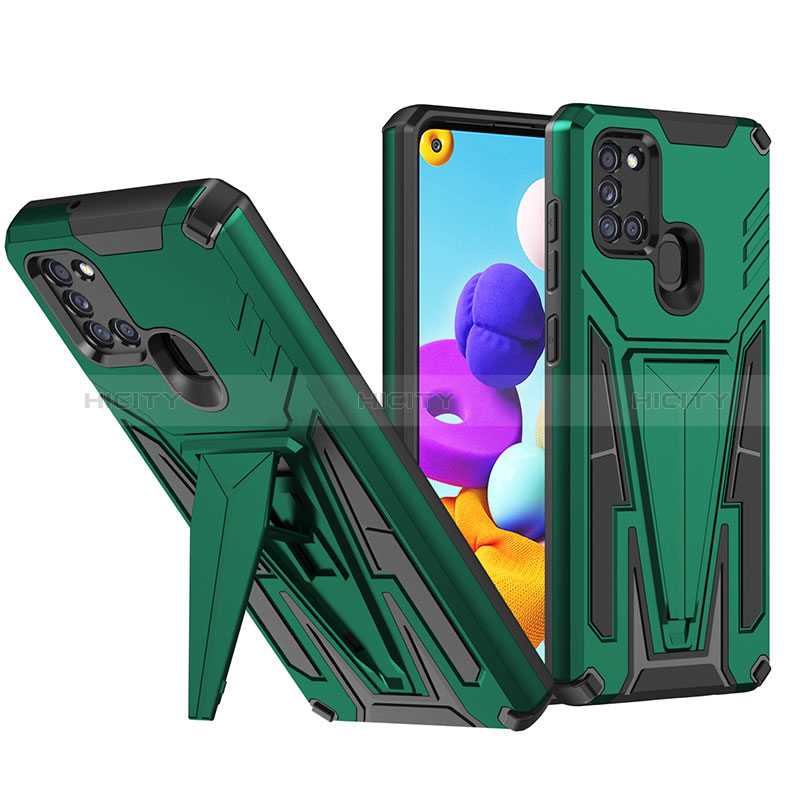 Silikon Hülle Handyhülle und Kunststoff Schutzhülle Hartschalen Tasche mit Ständer MQ1 für Samsung Galaxy A21 Grün