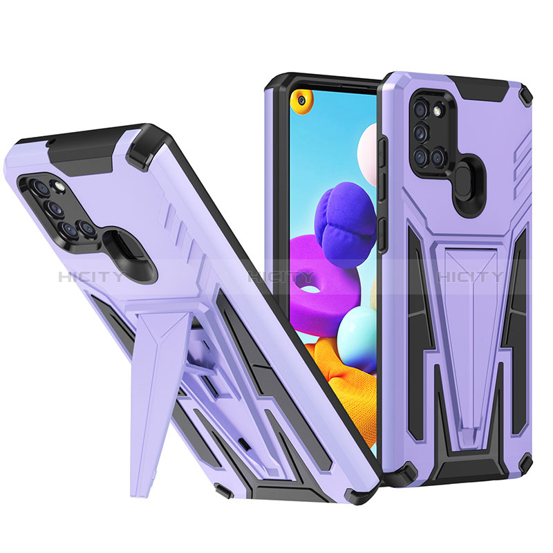 Silikon Hülle Handyhülle und Kunststoff Schutzhülle Hartschalen Tasche mit Ständer MQ1 für Samsung Galaxy A21 Violett Plus