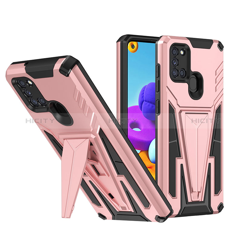 Silikon Hülle Handyhülle und Kunststoff Schutzhülle Hartschalen Tasche mit Ständer MQ1 für Samsung Galaxy A21s Rosegold