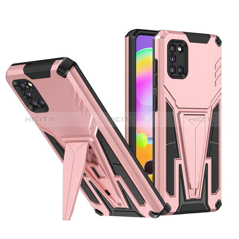 Silikon Hülle Handyhülle und Kunststoff Schutzhülle Hartschalen Tasche mit Ständer MQ1 für Samsung Galaxy A31 Rosegold Plus