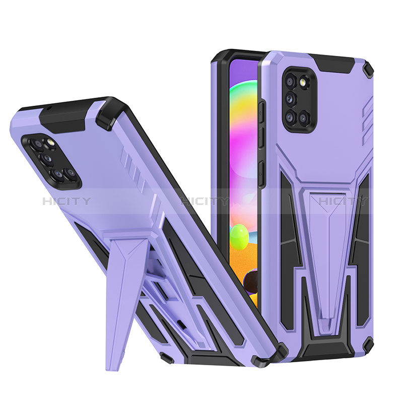 Silikon Hülle Handyhülle und Kunststoff Schutzhülle Hartschalen Tasche mit Ständer MQ1 für Samsung Galaxy A31 Violett