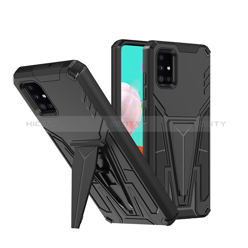 Silikon Hülle Handyhülle und Kunststoff Schutzhülle Hartschalen Tasche mit Ständer MQ1 für Samsung Galaxy A51 4G Schwarz