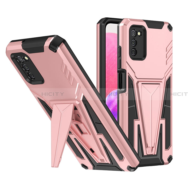 Silikon Hülle Handyhülle und Kunststoff Schutzhülle Hartschalen Tasche mit Ständer MQ1 für Samsung Galaxy F02S SM-E025F Rosegold Plus