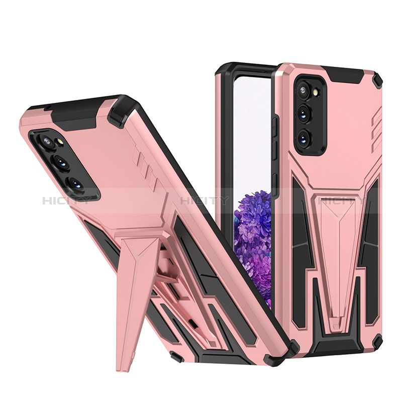 Silikon Hülle Handyhülle und Kunststoff Schutzhülle Hartschalen Tasche mit Ständer MQ1 für Samsung Galaxy S20 5G Rosegold