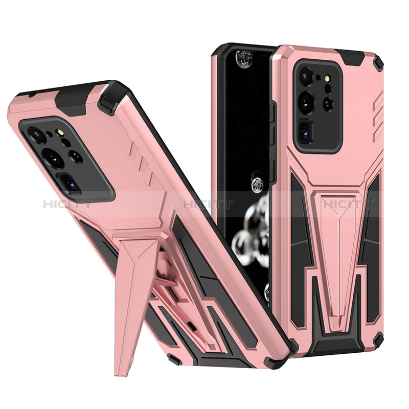 Silikon Hülle Handyhülle und Kunststoff Schutzhülle Hartschalen Tasche mit Ständer MQ1 für Samsung Galaxy S20 Ultra 5G Rosegold Plus