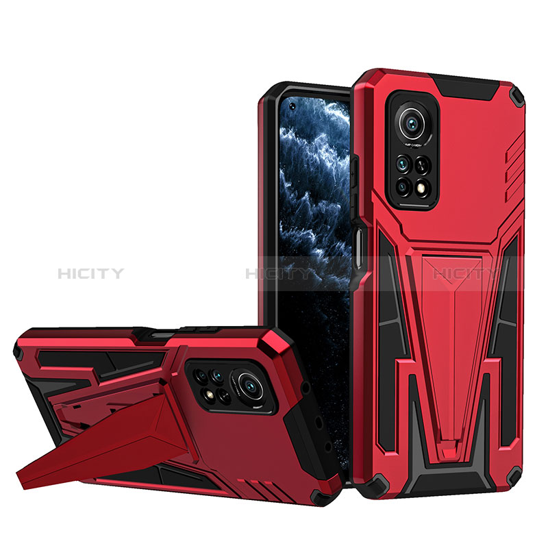 Silikon Hülle Handyhülle und Kunststoff Schutzhülle Hartschalen Tasche mit Ständer MQ1 für Xiaomi Mi 10T Pro 5G Rot Plus