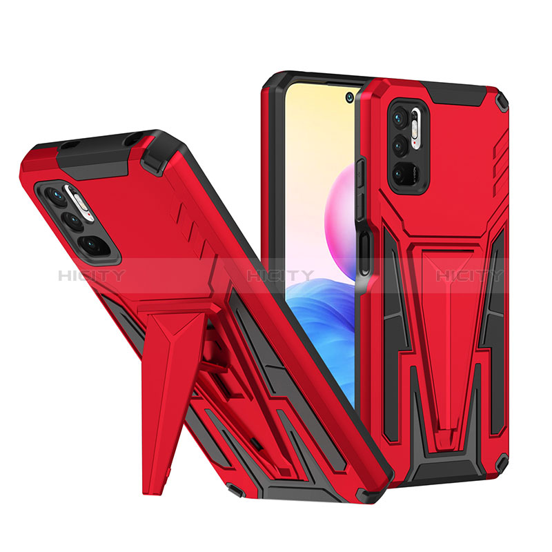Silikon Hülle Handyhülle und Kunststoff Schutzhülle Hartschalen Tasche mit Ständer MQ1 für Xiaomi Redmi Note 10 5G Rot