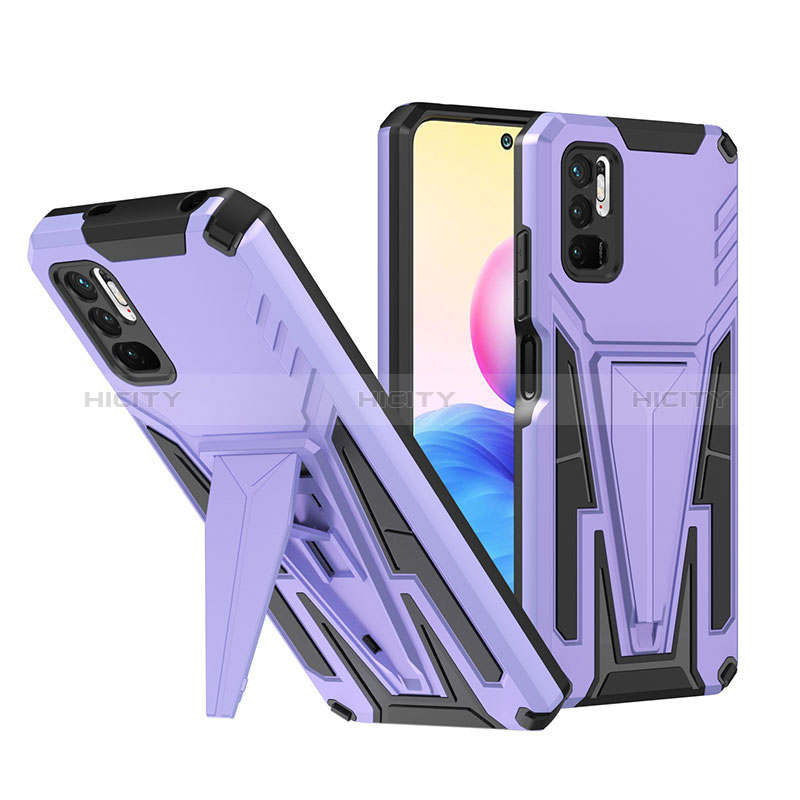 Silikon Hülle Handyhülle und Kunststoff Schutzhülle Hartschalen Tasche mit Ständer MQ1 für Xiaomi Redmi Note 10 5G Violett Plus