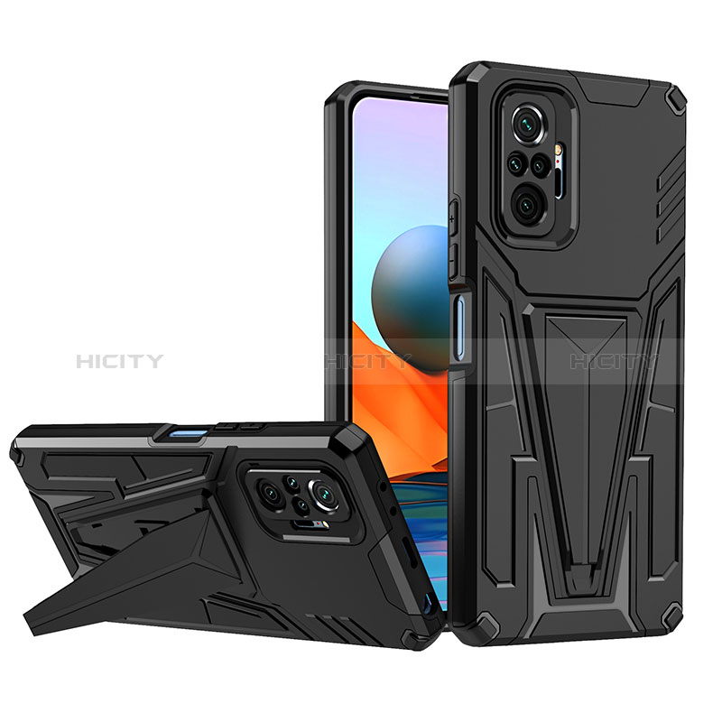 Silikon Hülle Handyhülle und Kunststoff Schutzhülle Hartschalen Tasche mit Ständer MQ1 für Xiaomi Redmi Note 10 Pro 4G Schwarz Plus