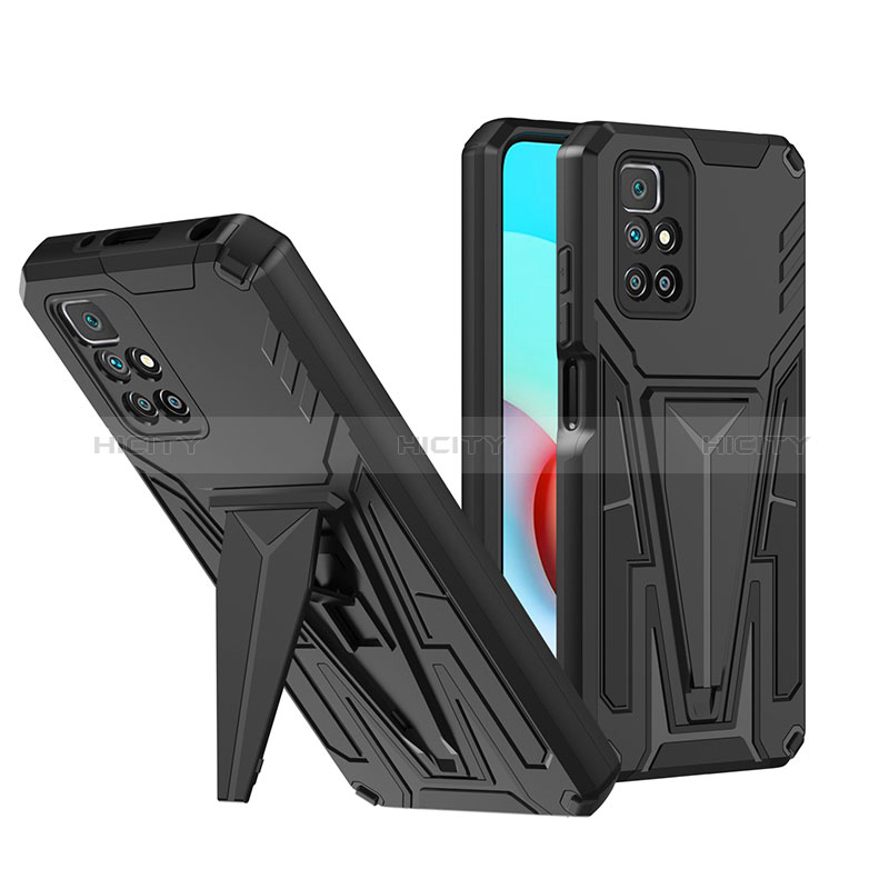 Silikon Hülle Handyhülle und Kunststoff Schutzhülle Hartschalen Tasche mit Ständer MQ1 für Xiaomi Redmi Note 11 4G (2021) Schwarz Plus