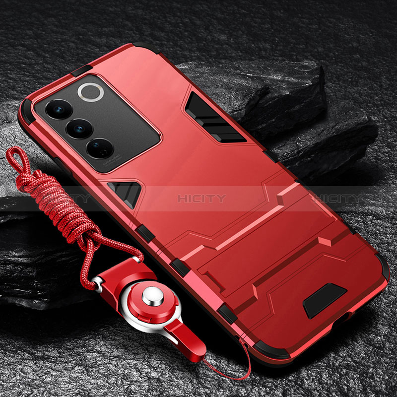 Silikon Hülle Handyhülle und Kunststoff Schutzhülle Hartschalen Tasche mit Ständer R01 für Vivo V27e 5G Rot