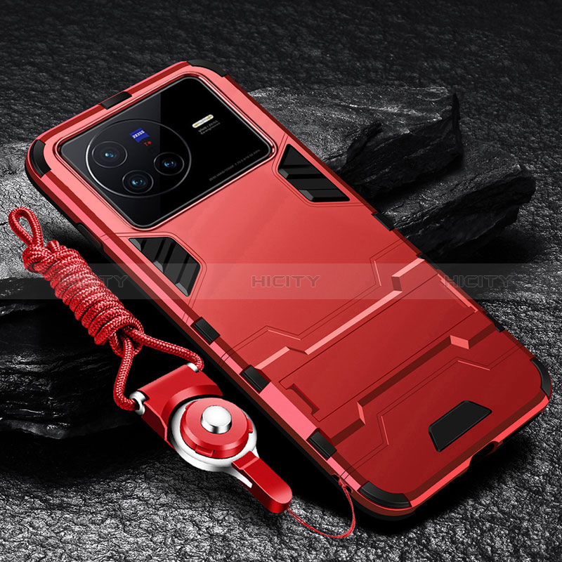 Silikon Hülle Handyhülle und Kunststoff Schutzhülle Hartschalen Tasche mit Ständer R01 für Vivo X80 5G Rot Plus