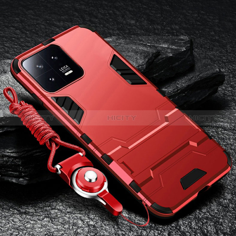 Silikon Hülle Handyhülle und Kunststoff Schutzhülle Hartschalen Tasche mit Ständer R01 für Xiaomi Mi 13 5G Rot