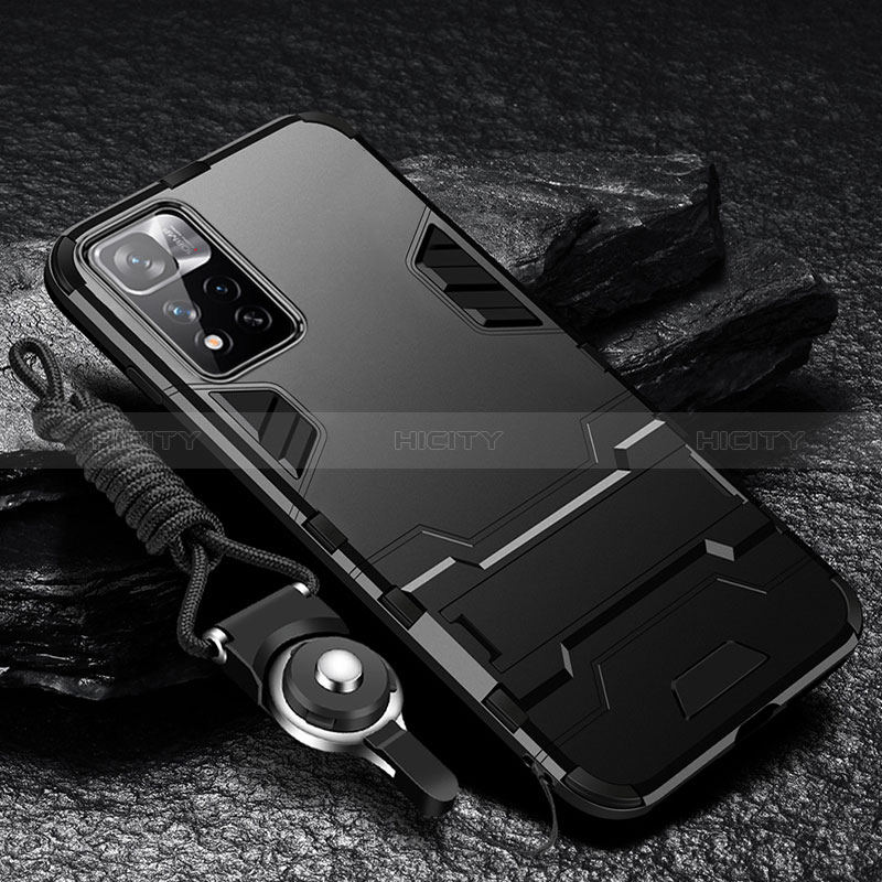 Silikon Hülle Handyhülle und Kunststoff Schutzhülle Hartschalen Tasche mit Ständer R01 für Xiaomi Poco X4 NFC Schwarz