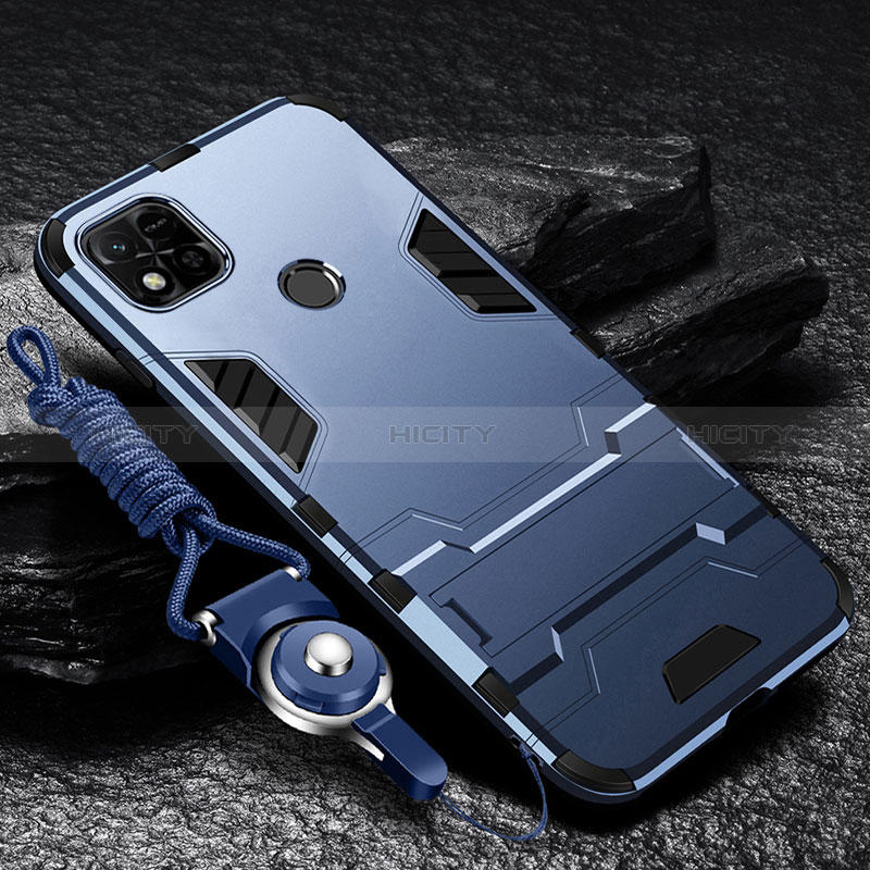 Silikon Hülle Handyhülle und Kunststoff Schutzhülle Hartschalen Tasche mit Ständer R01 für Xiaomi Redmi 10A 4G Blau
