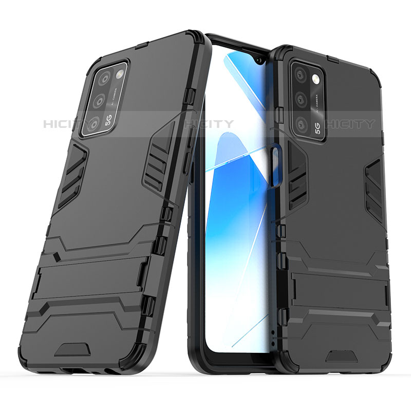 Silikon Hülle Handyhülle und Kunststoff Schutzhülle Hartschalen Tasche mit Ständer T01 für Oppo A55 5G Schwarz