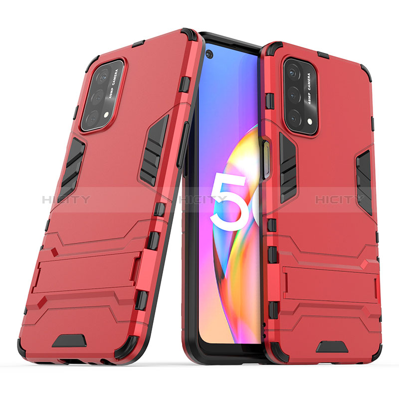 Silikon Hülle Handyhülle und Kunststoff Schutzhülle Hartschalen Tasche mit Ständer T01 für Oppo A74 5G Rot Plus