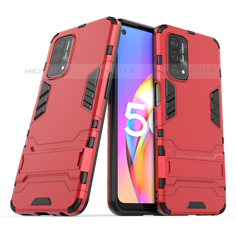 Silikon Hülle Handyhülle und Kunststoff Schutzhülle Hartschalen Tasche mit Ständer T01 für Oppo A93 5G Rot