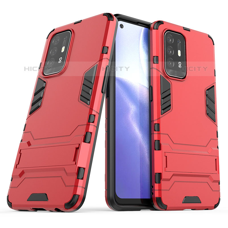 Silikon Hülle Handyhülle und Kunststoff Schutzhülle Hartschalen Tasche mit Ständer T01 für Oppo A95 5G Rot