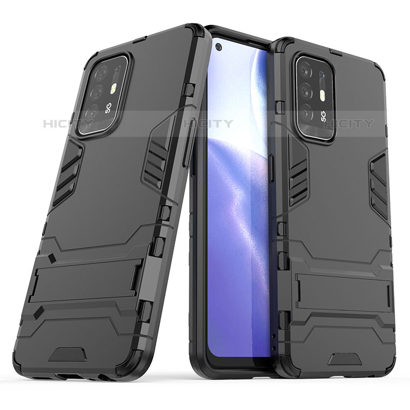 Silikon Hülle Handyhülle und Kunststoff Schutzhülle Hartschalen Tasche mit Ständer T01 für Oppo F19 Pro+ Plus 5G Schwarz Plus