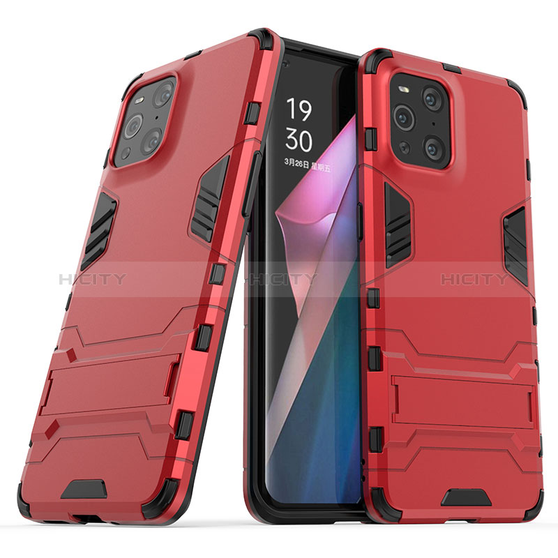 Silikon Hülle Handyhülle und Kunststoff Schutzhülle Hartschalen Tasche mit Ständer T01 für Oppo Find X3 5G Rot Plus