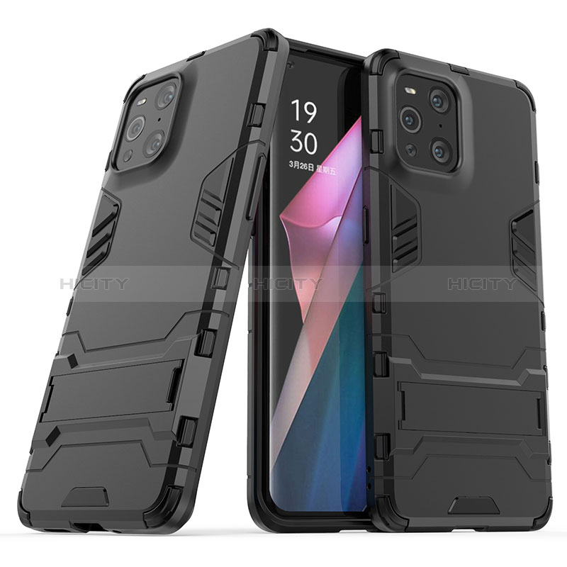 Silikon Hülle Handyhülle und Kunststoff Schutzhülle Hartschalen Tasche mit Ständer T01 für Oppo Find X3 5G Schwarz