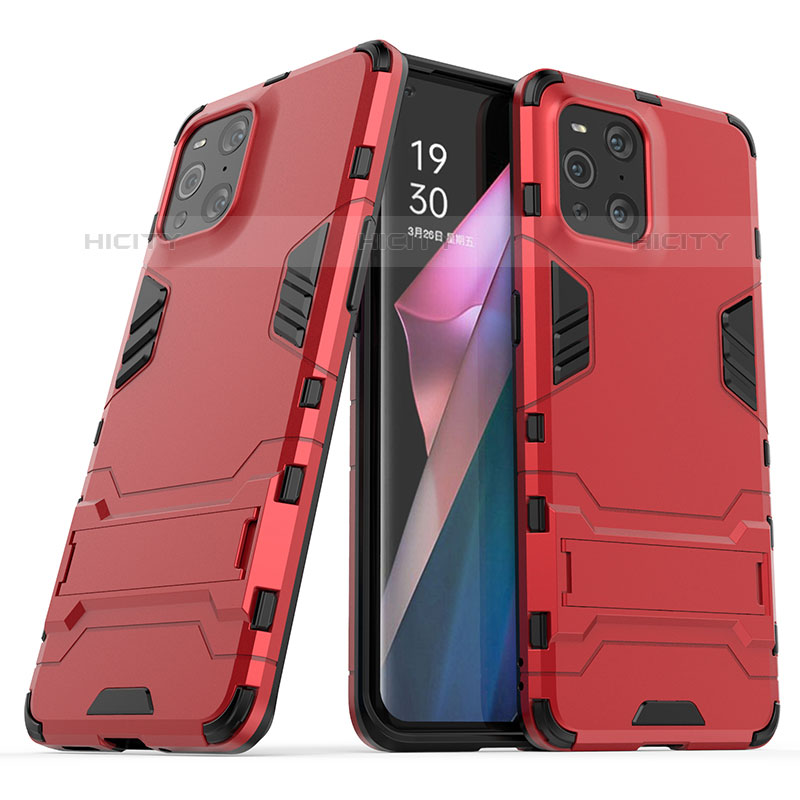 Silikon Hülle Handyhülle und Kunststoff Schutzhülle Hartschalen Tasche mit Ständer T01 für Oppo Find X3 Pro 5G Rot Plus