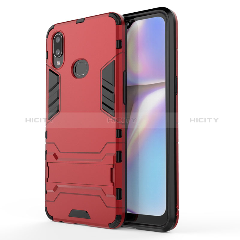 Silikon Hülle Handyhülle und Kunststoff Schutzhülle Hartschalen Tasche mit Ständer T01 für Samsung Galaxy A10s Rot